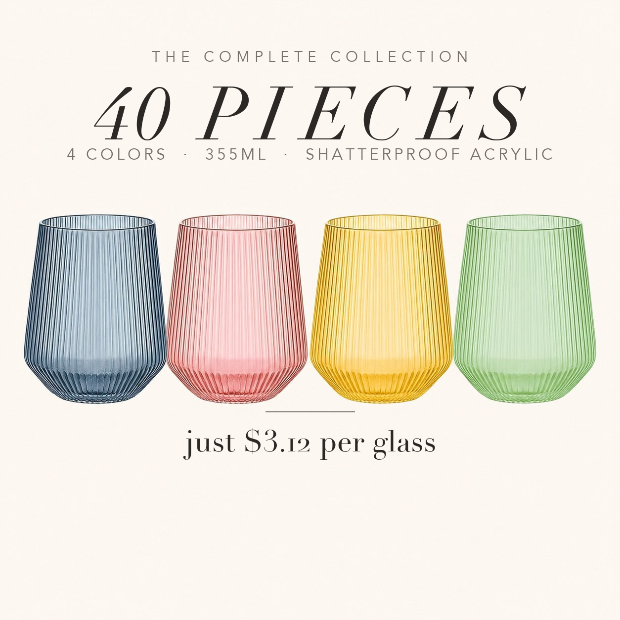 40-piece Origami acrylic glass set - 4 colors, just $3.12 per glass
